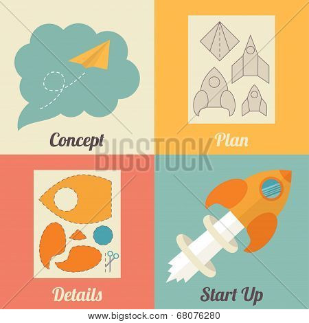 Set of start up icons for new business, ideas, innovation and development. Rocket and paper airplane