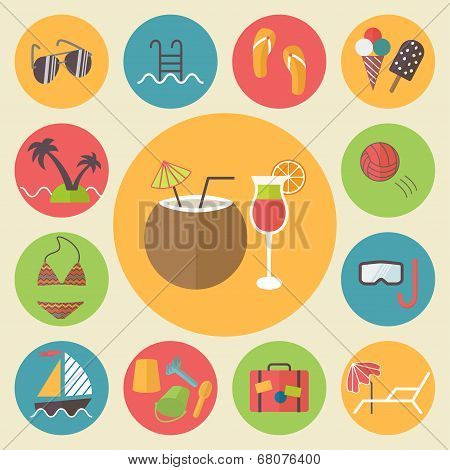 Summer and vacation icons set, flat design vector illustration.