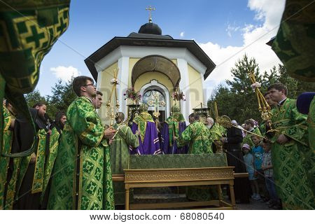 KRASNY BRONEVIK, RUSSIA - JULY 7, 2014: Celebrations commemorating the Rev. Anthony Dymsky (died 1224) in Antony Dymsky Monastery - Procession on Lake Dymsky, the great blessing of water and bathing.