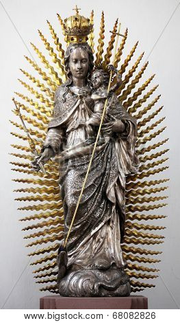 WURZBURG, GERMANY - JULY 18:Madonna with Child, statue in the Neumunster Collegiate Church, built in 1060 and completely renovated in the 17th century and since 1908 the parish church on July 18,2013.