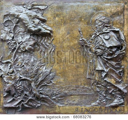 PORT AZZURRO, ELBA, ITALY - MAY 03,2014: St. James the Greater, detail on the door of the church of St. James the Greater. Church is located inside the fort of the same name in Porto Azzurro 