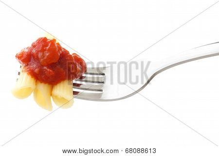 Pasta and tomato sauce on fork