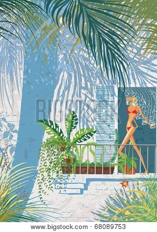 Summer shadows. Shadows from palm tree and others plants on wall of house with veranda.