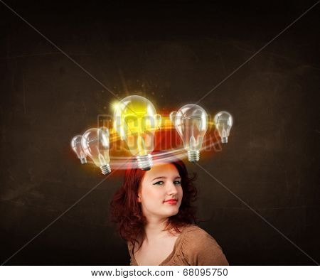Preety woman with light bulbs circleing around her head 
