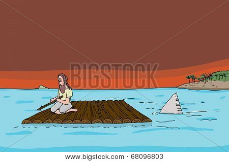Shark Following Man On Raft