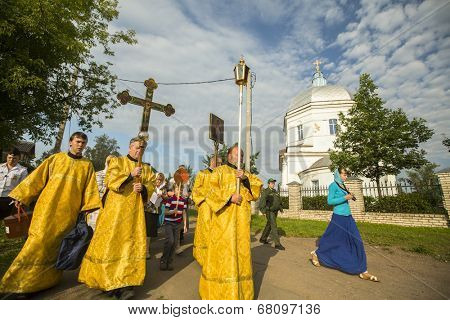 TIKHVIN, RUSSIA - JULY 9, 2014: Unidentified participants Orthodox Religious Procession on the occasion celebrations of the 10th anniversary of the return of the Tikhvin icon of the Mother of God.