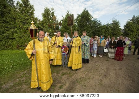 TIKHVIN, RUSSIA - JULY 9, 2014: Unidentified participants Orthodox Religious Procession on the occasion celebrations of the 10th anniversary of the return of the Tikhvin icon of the Mother of God.