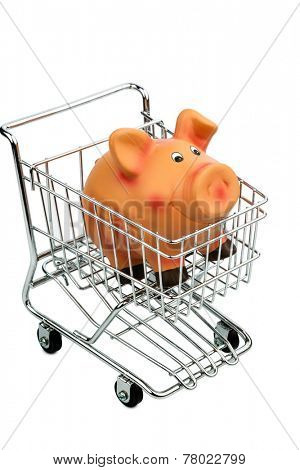 a piggy bank in a shopping cart, photo icon for consumer prices and buying behavior
