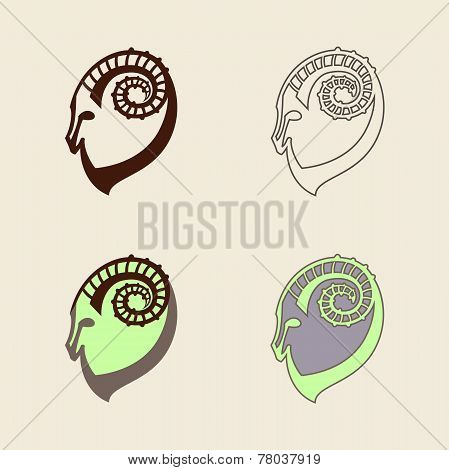 Stylized set of black and colorful silhouettes of goat's head. Ibex signs on white background. Vecto