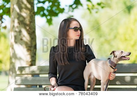 Young Girl  With  Greyhound In The Park