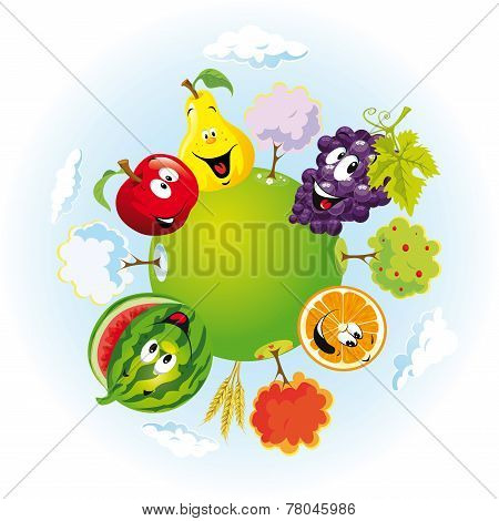 Planet With Happy Fruits