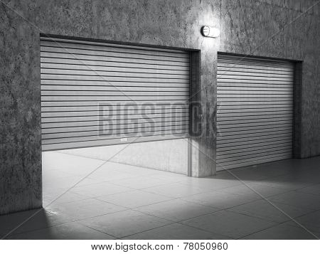 Garage Building Made Of Concrete With Roller Shutter Doors