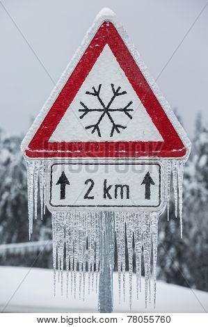 Traffic Sign For Icy Road With Icicles