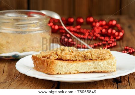 Homemade Peanut Paste On Toast On White Plate