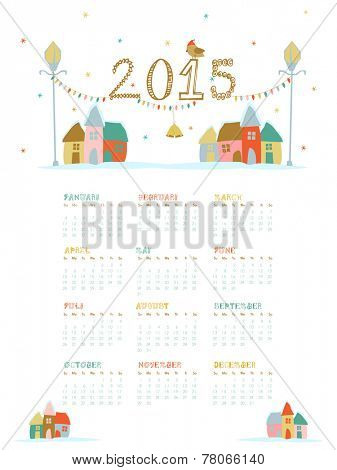 Annual calendar of 2015 with X-mas objects and colorful huts for Happy New Year celebrations.