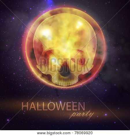 Halloween vector illustration with full moon and skull on the night sky background. party flyer desi