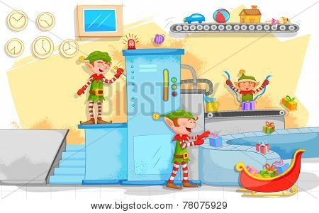 illustration of Elf making Christmas gifts in toy factory