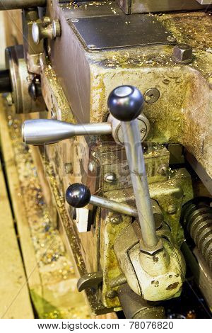 Handles Of Metal Lathe Machine Close Up