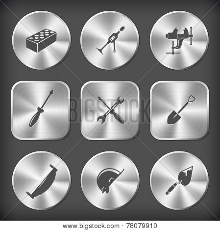 Industrial tools set. Vector round and square steel buttons.