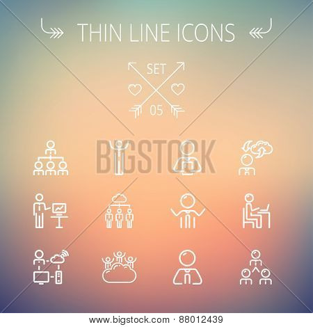 Business thin line icon set for web and mobile. Set includes- laptop, tablet, computer, globe, Businessmen, men, cloud. Modern minimalistic flat design. Vector white icon on gradient mesh background.