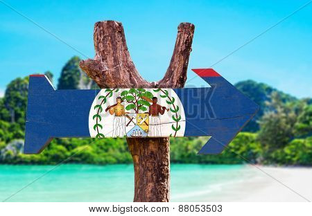 Belize Flag wooden sign with beach background