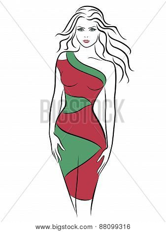 Beautiful Woman In A Slinky Two-tone Dress