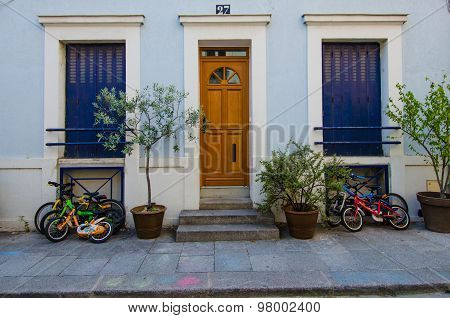 Bicycles in front of a home on Rue Cremieux in Paris, France