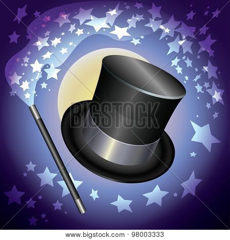Wizards Hat And A Magic Wand On Stars Background. Vector Illustration.