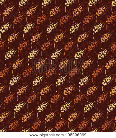 Seamless vintage pattern with yellow and orange wheat. Brown agricultural paper about harvest and grain on the background with paint splashes.