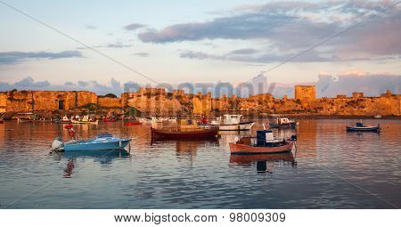 Fishing Boats In The Bay Near Methoni, Peloponnese, Greece