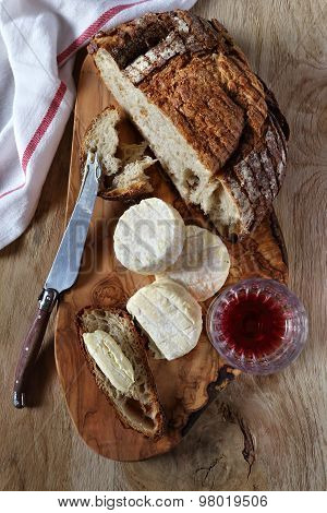 Goat Cheese, Country  Bread And Wineglass
