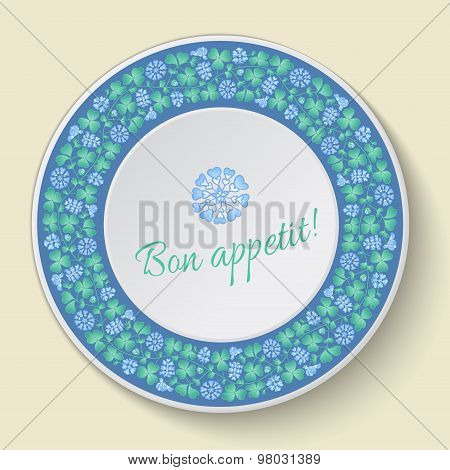 White Vector Plate With Floral Ornament. Plate Template With Clover.
