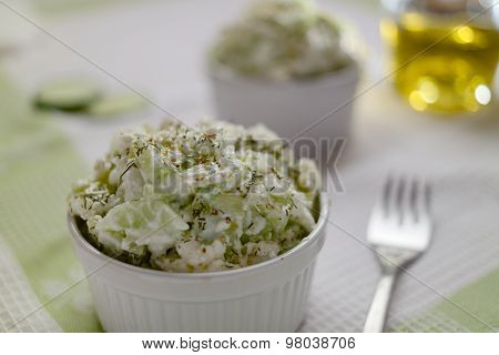 Fresh Cottage Cheese Cucumber Salad With Olive Oil And Dill