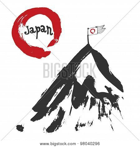 Japan mountain and red sun flag. Sumi-e. Red zen circle hand-drawn with ink. Vector