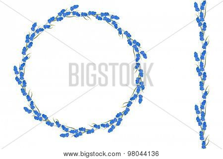 Detailed contour wreath with muscari isolated on white. Round frame for your design, greeting cards, announcements, easter spring posters. Endless vertical texture, seamless pattern brush.