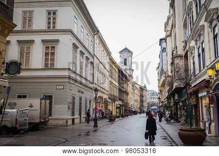 BUDAPEST - FEBRUARY 07: Vaci street on February 07, 2014 in Budapest, Hungary.