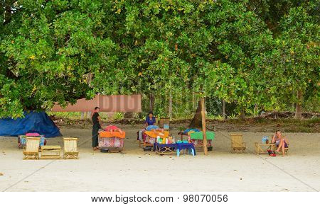 Beach Masseuses Resting Waiting Of Tourists