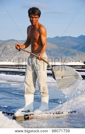 Salk workers work in salt field in Vietnam