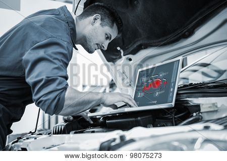 Engine interface against mechanic using laptop on car