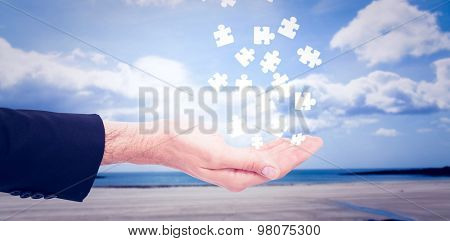 Close up of businessman with empty hand open against beach