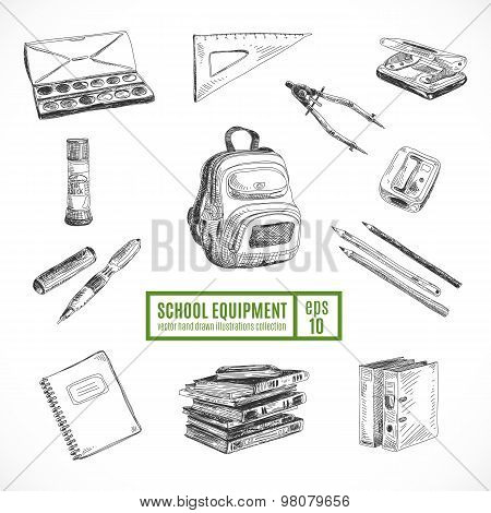 Hand drawn vector set of school items. Back to School.