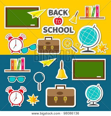 Back To School Icon Set Green Board, Bell, Alarm Clock, World Globe, Glasses, Book Shelf, Origami Pa