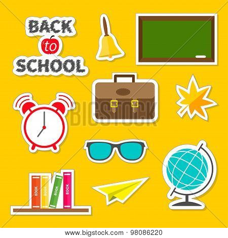 Back To School Icon Set Green Board, Bell, Alarm Clock, World Globe, Glasses, Book Shelf, Origami Pa