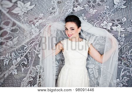 Gorgeus Brunette Bride  In Curtains