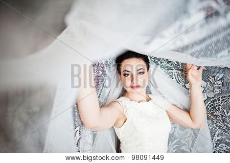 Gorgeus Brunette Bride  In Curtains
