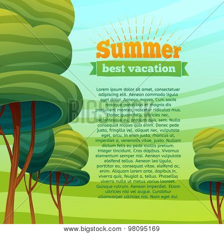 Template design cards, posters, brochures, flyers. Cartoon background with sky and trees. Logo, icon
