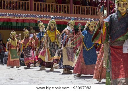 Tibetan Buddhist Lamas In The Mystical Masks Perform A Ritual Tsam Dance . Hemis Monastery, Ladakh,