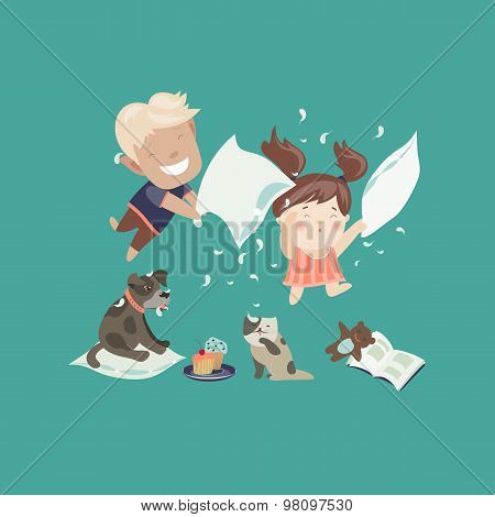 Funny kids having a pillow fight