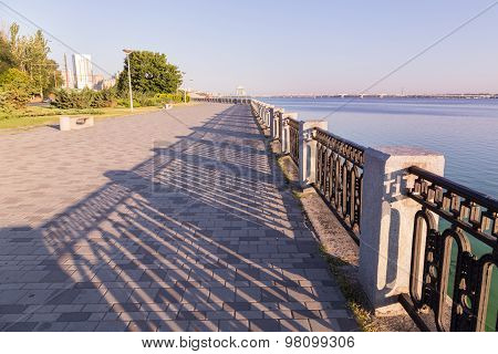 Promenade With Paving Stone And Wrought Iron Railing In  Dnipropetrovsk City, Ukraine .