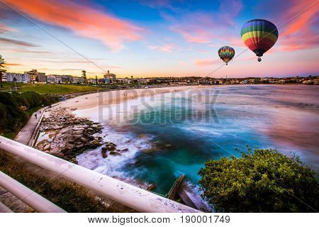 Hot Air Balloon Over Bondi Beach In Summer, Sydney, New South Wales, Australia